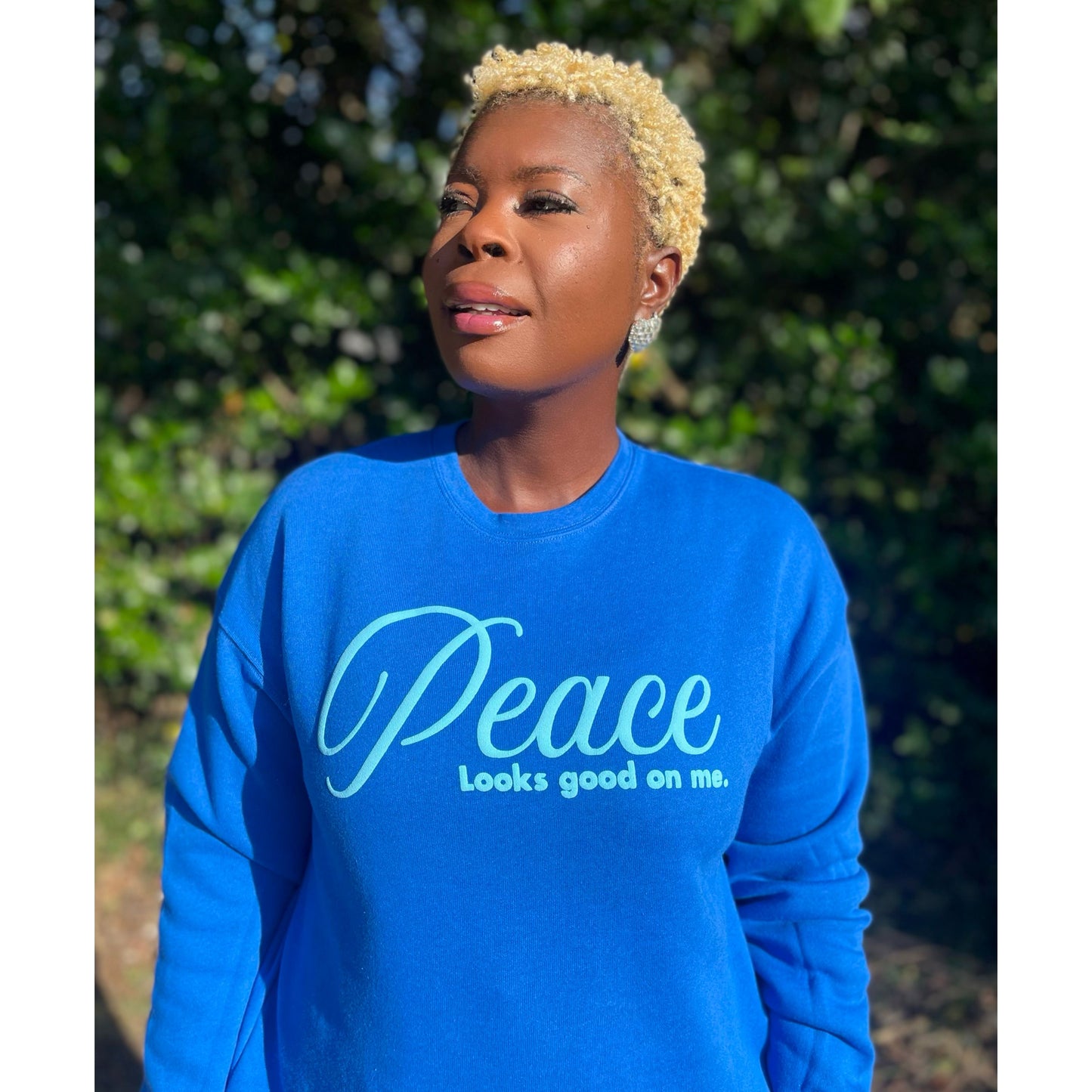 Peace Looks Good On Me royal blue sweatshirt with light blue lettering — Christian lifestyle brand