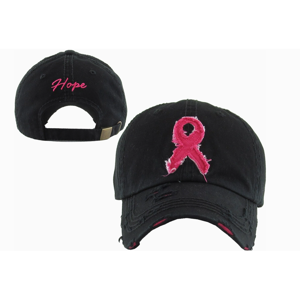 Black cap with pink 'Hope' text and pink ribbon symbol on a white background