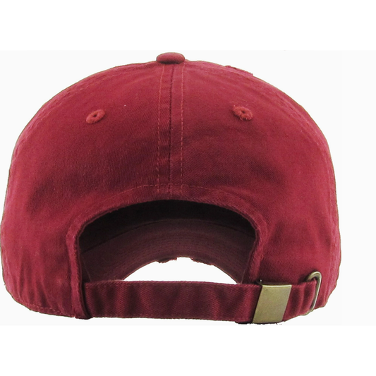 Burgundy baseball cap with a gold buckle on a white background