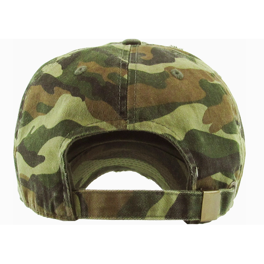 Camouflage-patterned cap back with gold buckle to adjust. on a white background