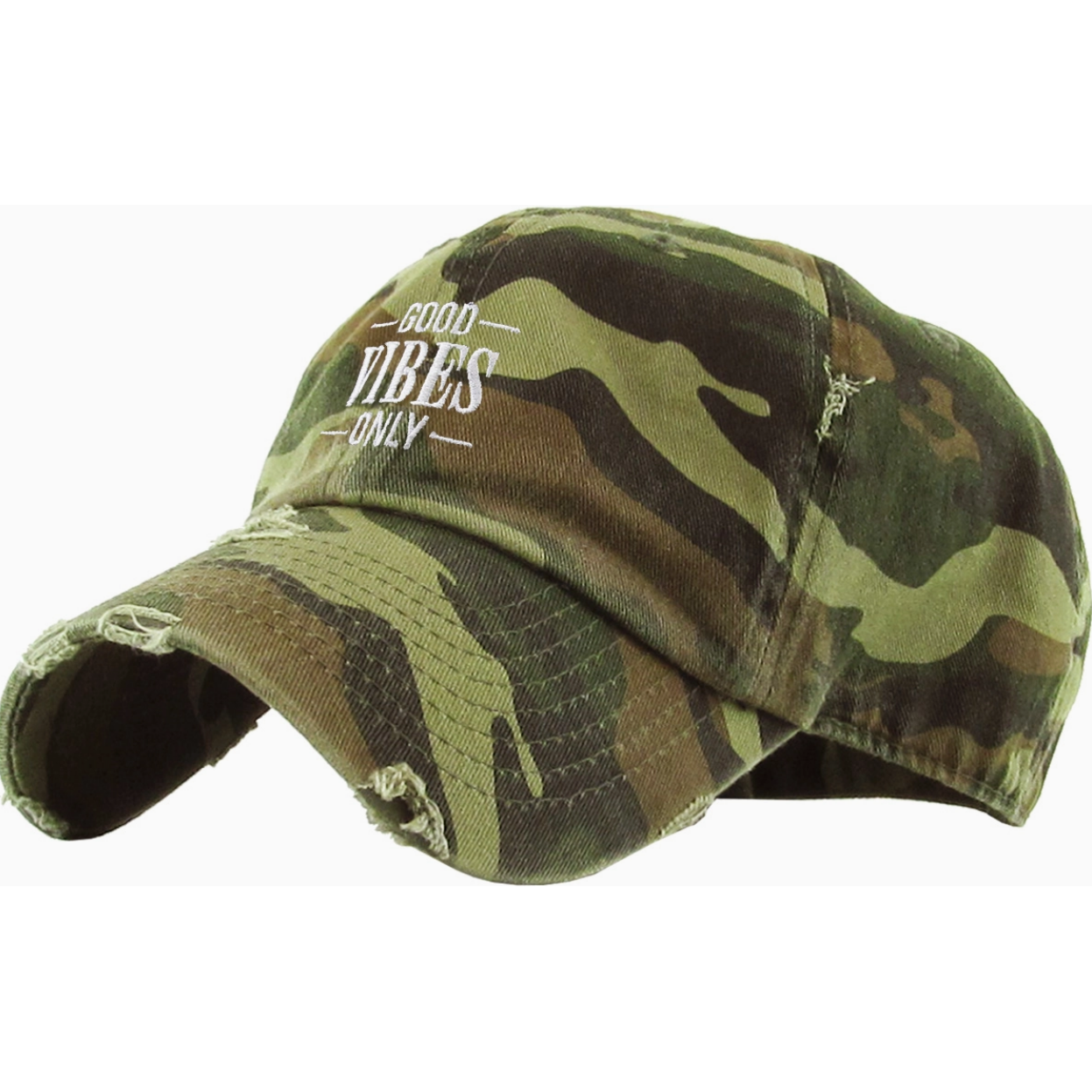 Camouflage cap with 'Good Vibes Only' text on a white background