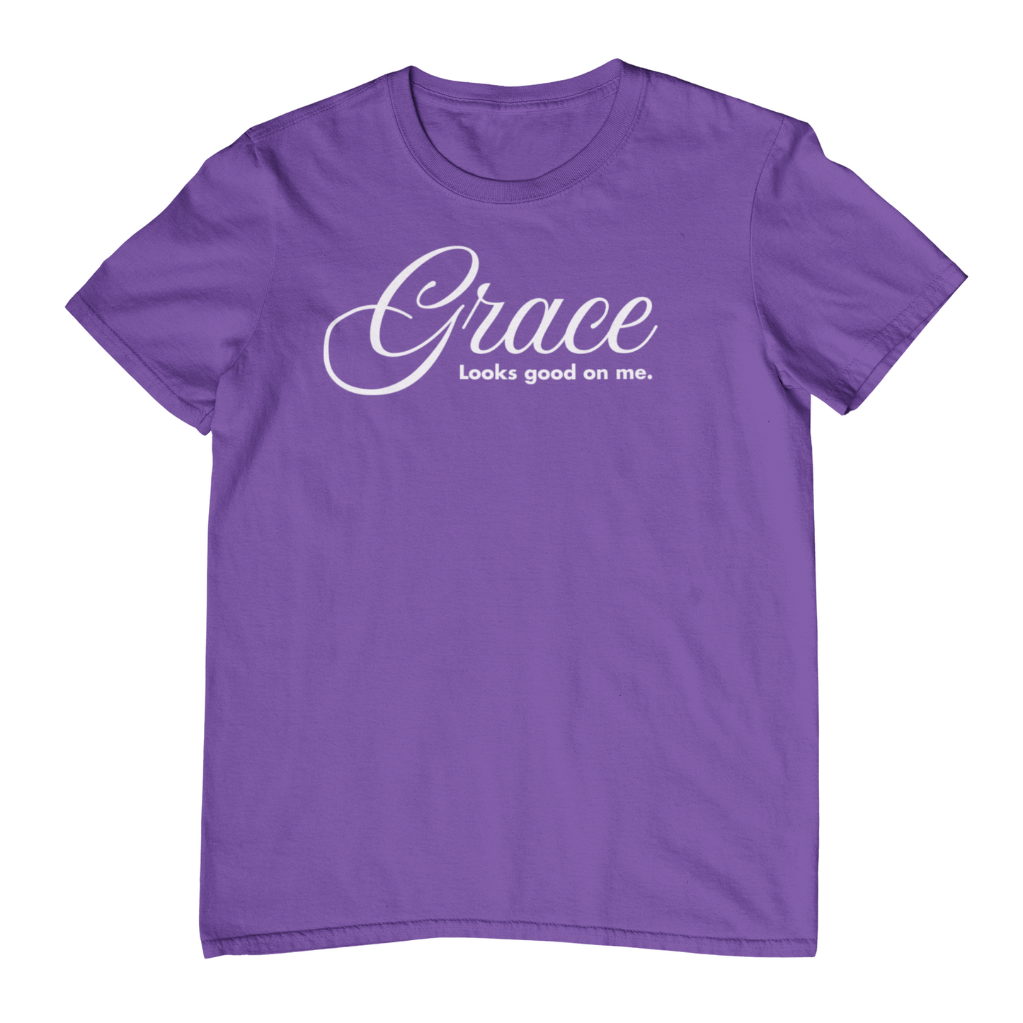 Purple t-shirt with 'Grace Looks good on me.' text on a white background