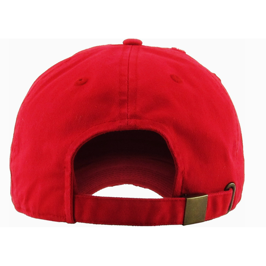 Red cap with a gold buckle on a white background