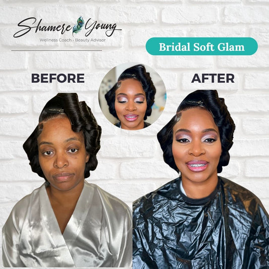 bridal client before and after makeup application photos in one photo collage