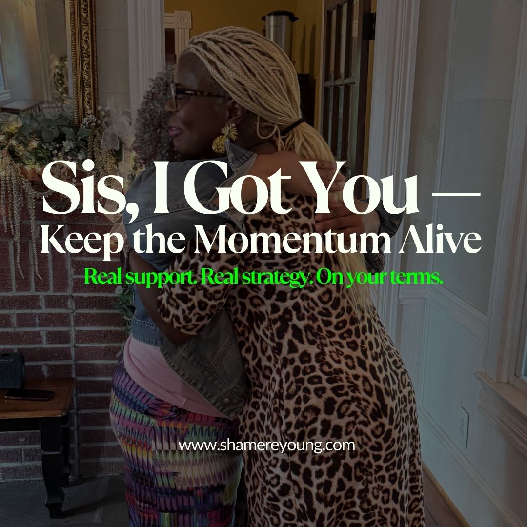 Two women hugging with motivational text overlay in a home setting