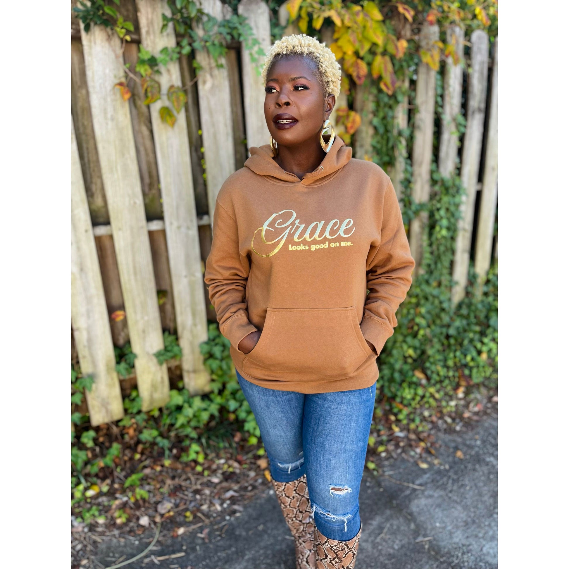 Shamere Young wearing Grace Looks Good On Me metallic gold sweatshirt — cozy faith-based apparel for women