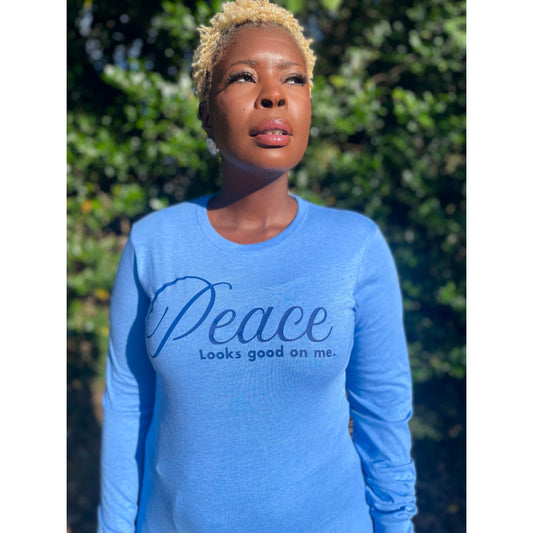 Peace Looks Good On Me heather blue long sleeve t-shirt with navy blue lettering — cozy Faith-based apparel for women
