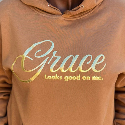 Shamere Young wearing Grace Looks Good On Me metallic gold sweatshirt — cozy faith-based apparel for women