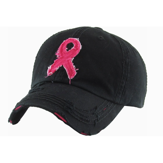 Black cap with a pink breast cancer awareness ribbon on a white background