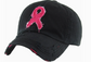 Black cap with a pink breast cancer awareness ribbon on a white background