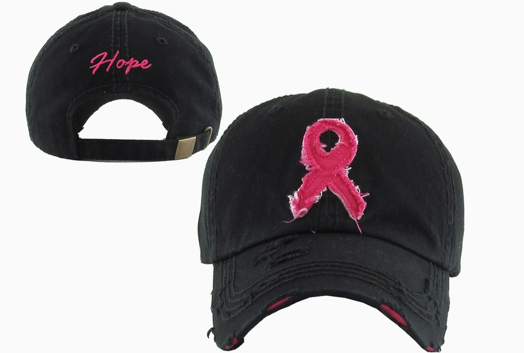 Black cap with pink 'Hope' text and pink ribbon symbol on a white background