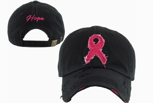 Black cap with pink 'Hope' text and pink ribbon symbol on a white background