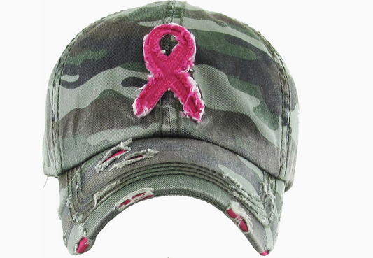 Camouflage cap with a pink ribbon for breast cancer awareness on a white background