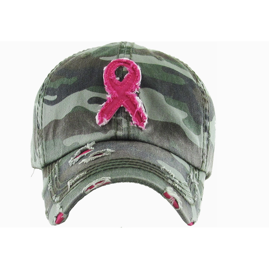 Camouflage cap with a pink ribbon for breast cancer awareness on a white background