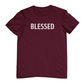 A burgundy short-sleeve crewneck t-shirt with the word 'BLESSED' printed in white capital letters across the chest, displayed flat against a plain white background.