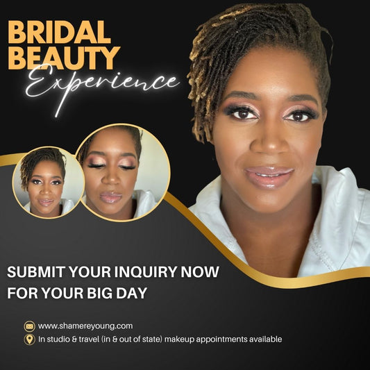 after photos of bridal client with makeup application and text indicating bridal appointment