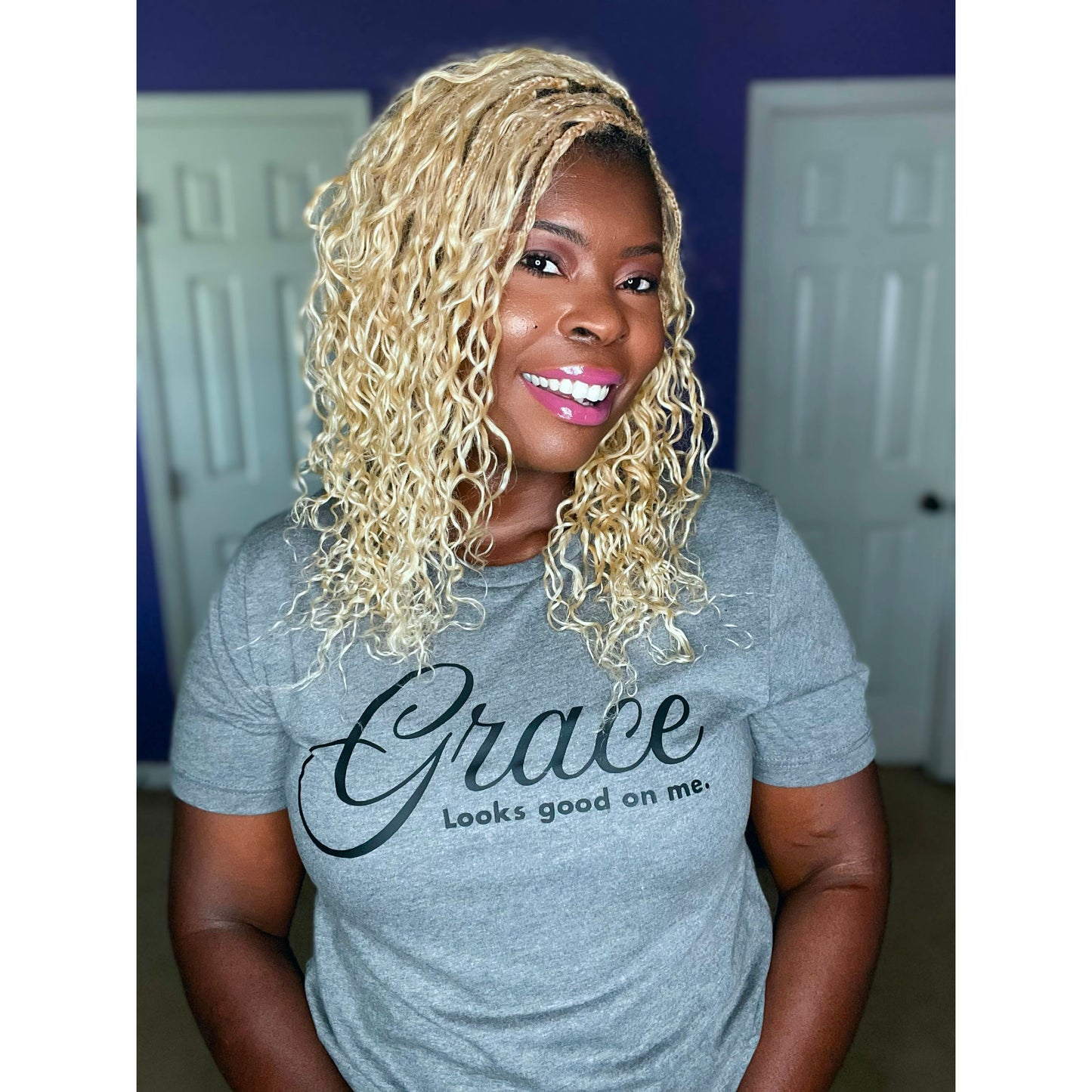 Woman wearing grey Grace Looks Good On Me tee in relaxed work from home outfit