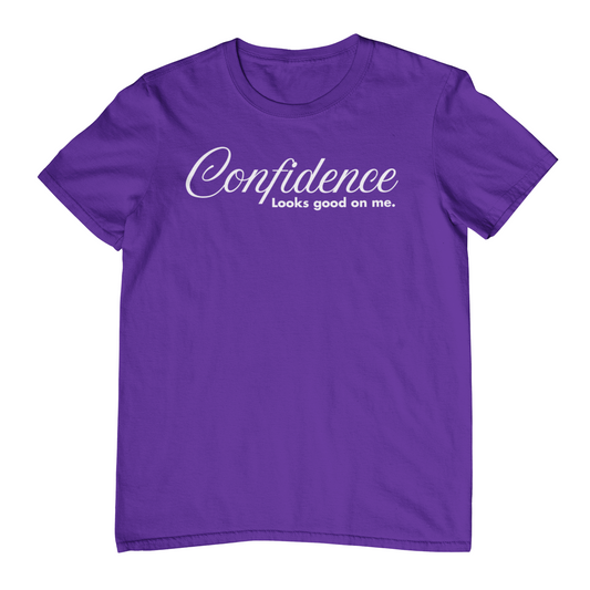 Purple t-shirt with 'Confidence looks good on me' text on a white background