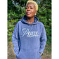 Shamere Young wearing Peace Looks Good on Me hoodie in vintage denim wash with metallic silver lettering - cozy Faith-based apparel for women
