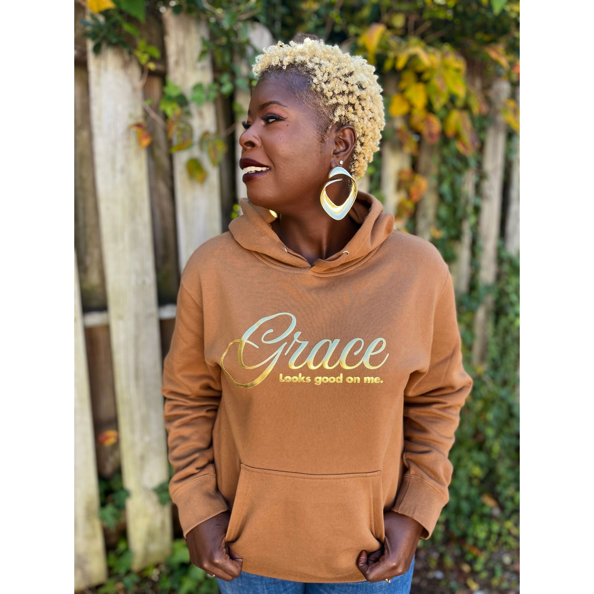 Shamere Young wearing Grace Looks Good On Me metallic gold sweatshirt — cozy faith-based apparel for women