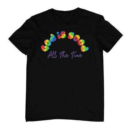 Black t-shirt with colorful rainbow design and text on a white background