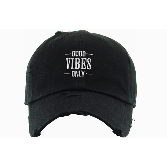 Black cap with 'Good Vibes Only' text on a white background