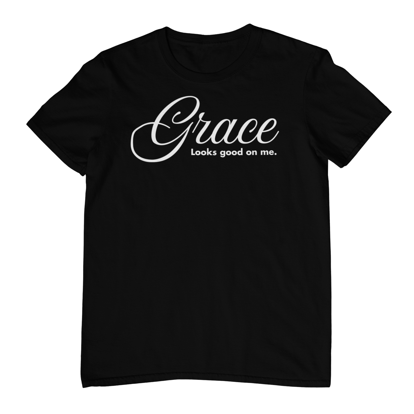 Black Grace Looks Good On Me statement tee, front view