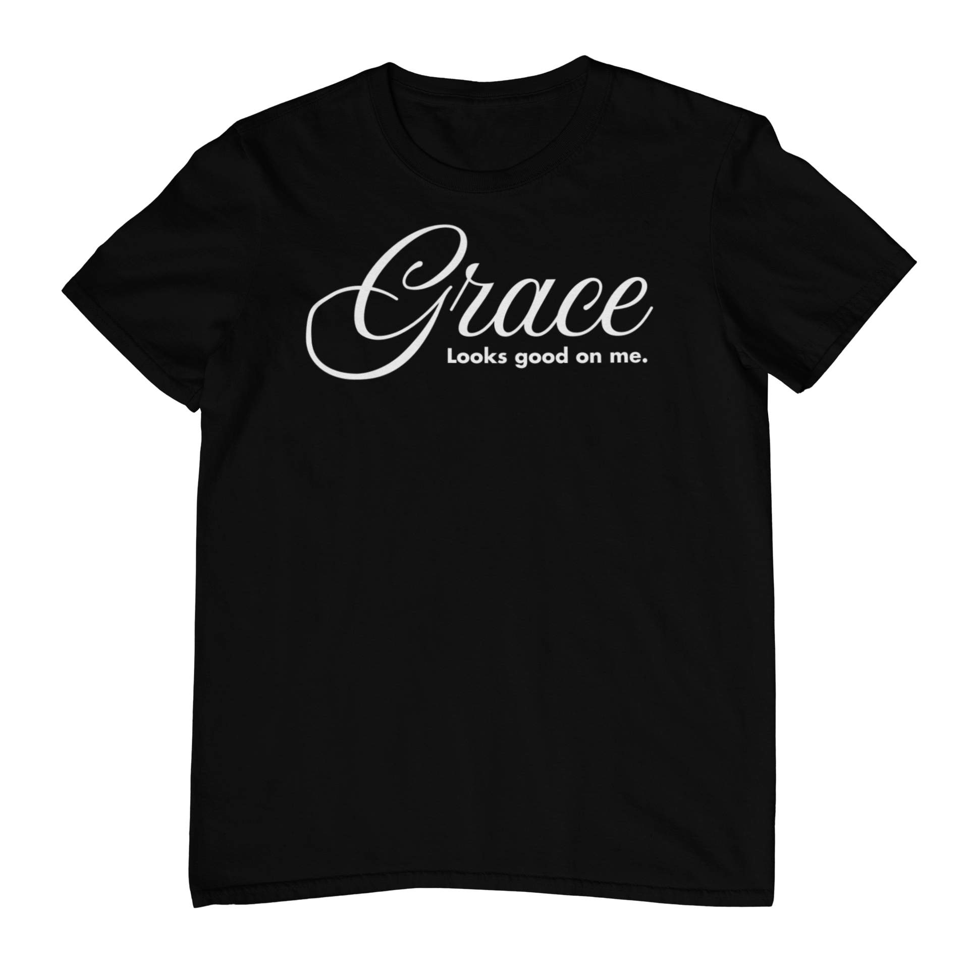 Black Grace Looks Good On Me statement tee, front view