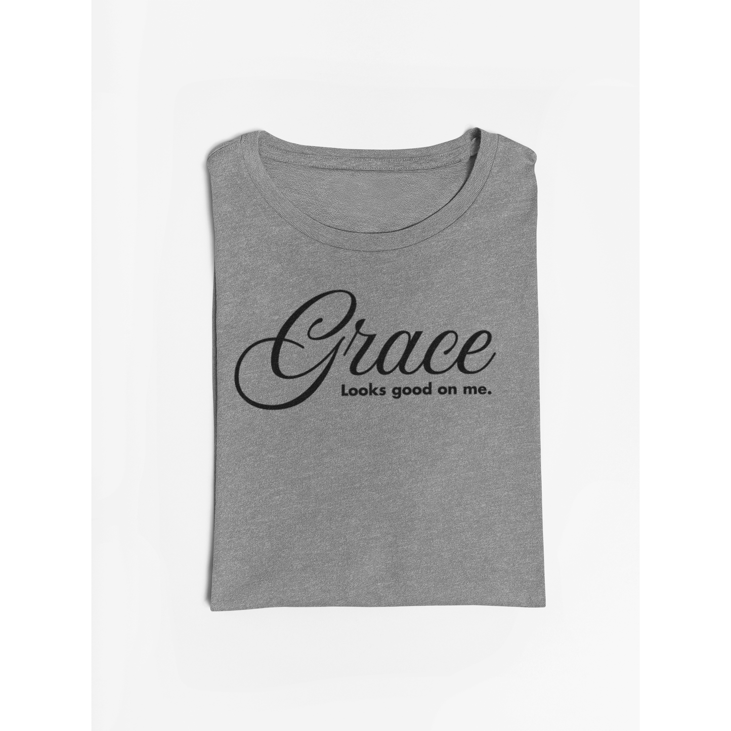 Heather grey Grace Looks Good On Me statement tee, front view