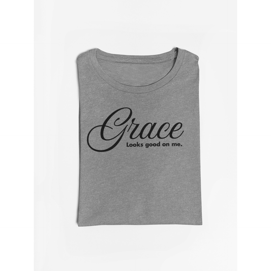 Heather grey Grace Looks Good On Me statement tee, front view