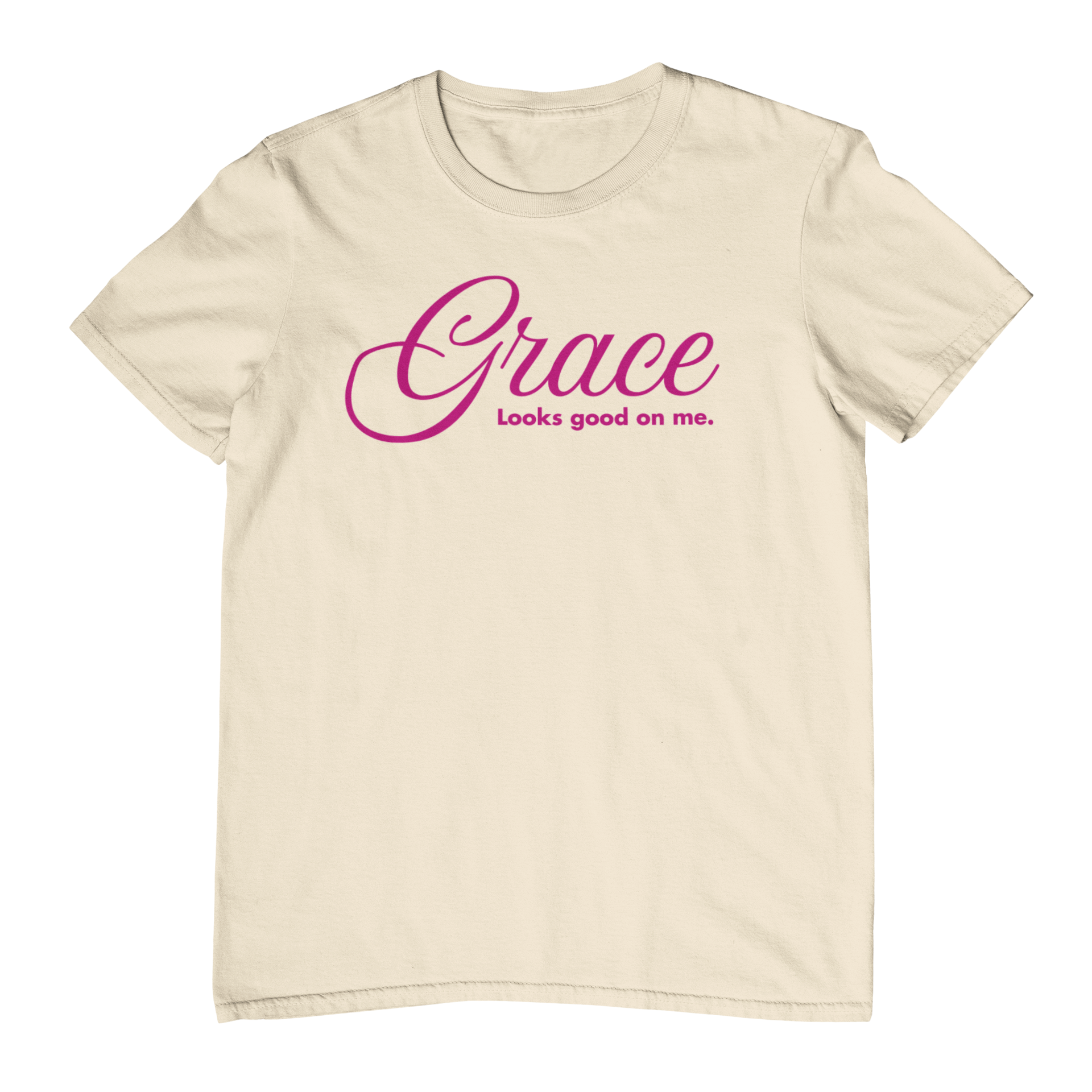 Soft cream Grace Looks Good On Me statement tee, front view