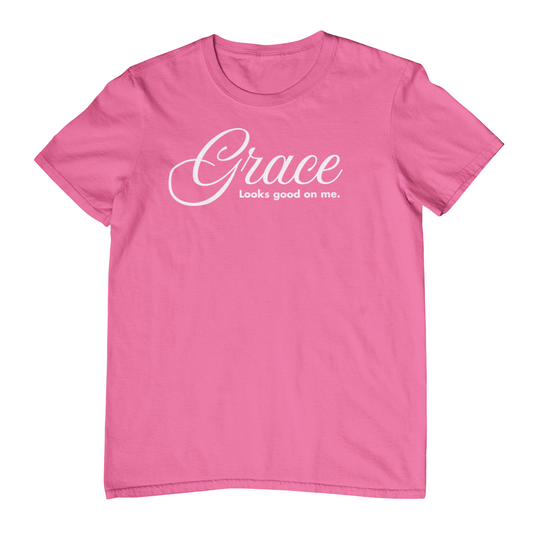Pink t-shirt with 'Grace Looks good on me.' text on a white background