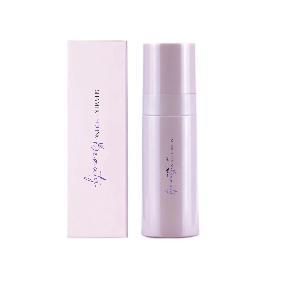 Settig spray and packaging with 'Shamere Young Beauty' branding on a white background