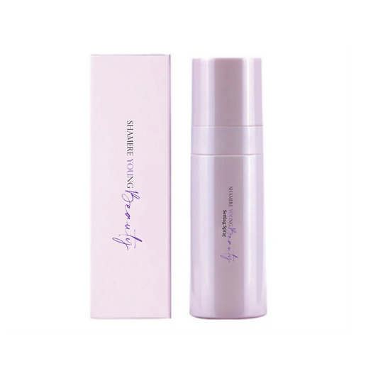 Settig spray and packaging with 'Shamere Young Beauty' branding on a white background