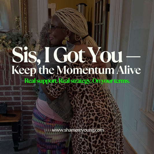 Two women hugging with motivational text overlay in a home setting