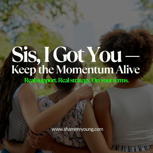 Three women sitting together with a motivational quote overlay